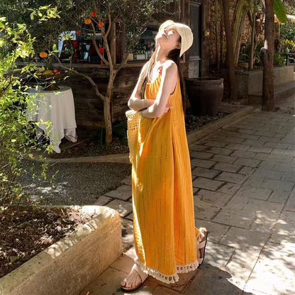 【ワンピース】ビーチリゾート風 エレガントなリラックス感 フリンジ付き ノースリーブワンピース