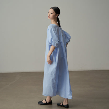 【ワンピース】夏新作 フランス風 Vネック パフ袖 無地ロングドレス 後ろ開き ゆったりシルエット 半袖ワンピース【JZシリーズ】