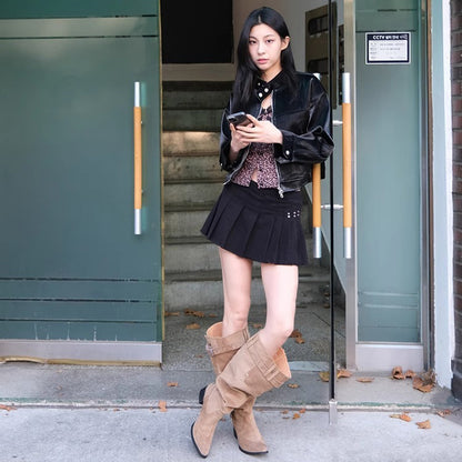 【シューズ】ポインテッドトゥ 太め筒囲 ハイヒール くしゅくしゅブーツ ヴィンテージ 西部カウボーイブーツ レディース