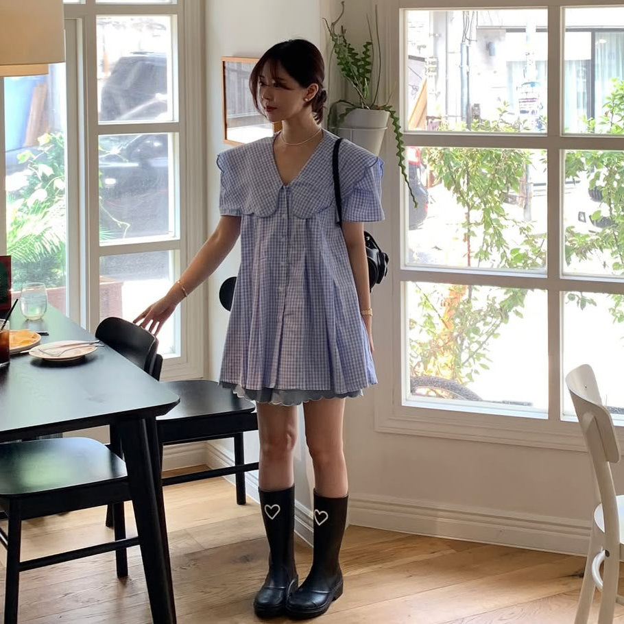 【トップス】韓国風 刺繍ビッグカラーチェックブラウス レディース 大人可愛い 襟付き ゆったり シルエット カジュアル【JZシリーズ】