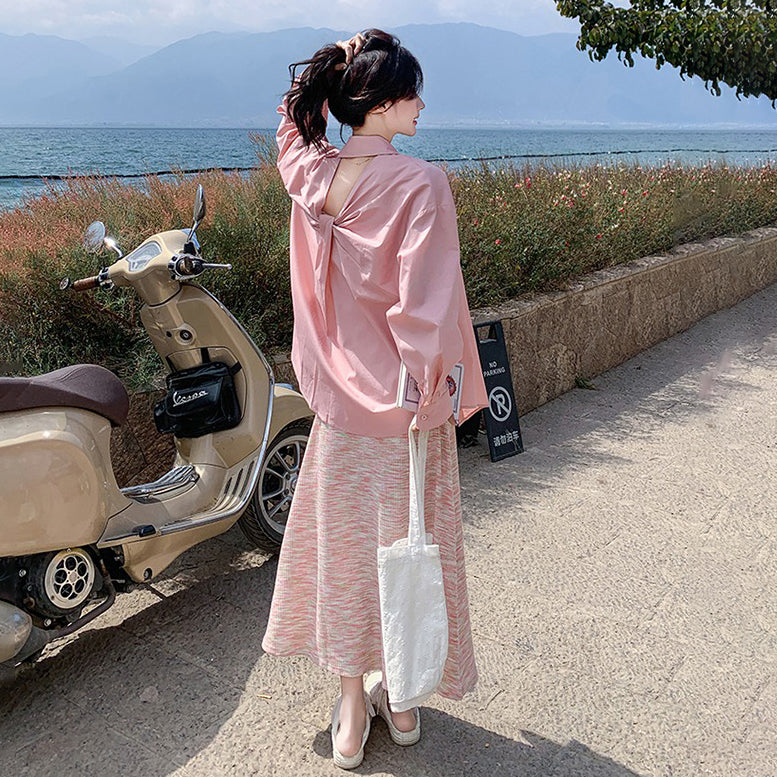 2点セット！【セットアップ】後ろリボンシャツ＋ピンクボーダー ニットノースリーブワンピース 2点セット 春秋 韓国系 おしゃれ可愛い レディースコーデ【SHシリーズ】