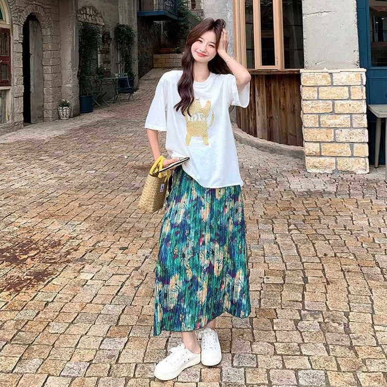 2点セット！【セットアップ】夏 カジュアル Tシャツ＋ 油絵プリント グラデーションスカート上下セット【SHシリーズ】