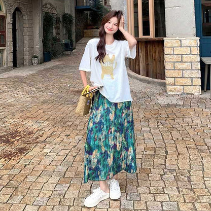 2点セット！【セットアップ】夏 カジュアル Tシャツ＋ 油絵プリント グラデーションスカート上下セット【SHシリーズ】