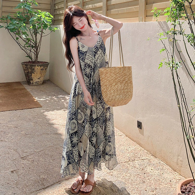 【ワンピース】夏新作 ボヘミアンリゾート風 シフォンプリント ノースリーブワンピース 大人可愛いAラインシルエット【SHシリーズ】