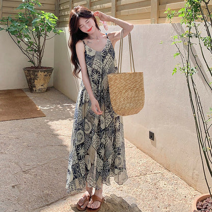 【ワンピース】夏新作 ボヘミアンリゾート風 シフォンプリント ノースリーブワンピース 大人可愛いAラインシルエット【SHシリーズ】