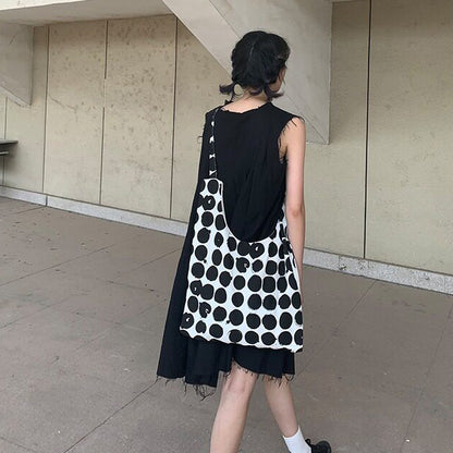 【バッグ】配色 キャンバスショルダーバッグ 斜めがけ 韓国風 ドット柄 大容量 カジュアルバッグ