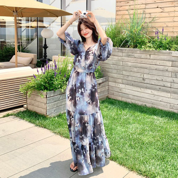 【ワンピース】リゾート風 ロマンティック 蝶々プリント Vネック 半袖ワンピース 高見え バルーンスリーブ サマードレス【SHシリーズ】