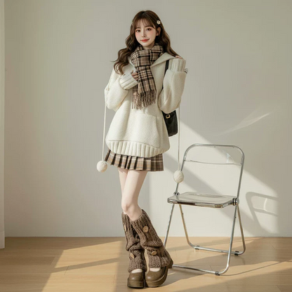 【セットアップ】無地 ホワイト セーター + プリーツ ショート スカート 2点上下セット 【JZシリーズ】