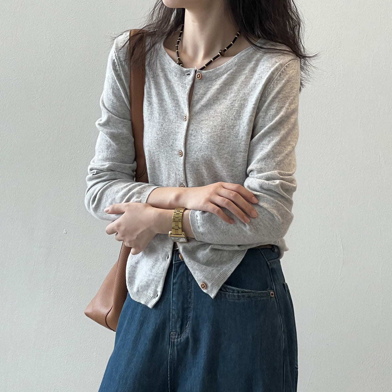 【トップス】バイカラーストライプが映える！韓国風薄手ニットカーディガン｜体型カバーも叶う秋トップス【JZシリーズ】