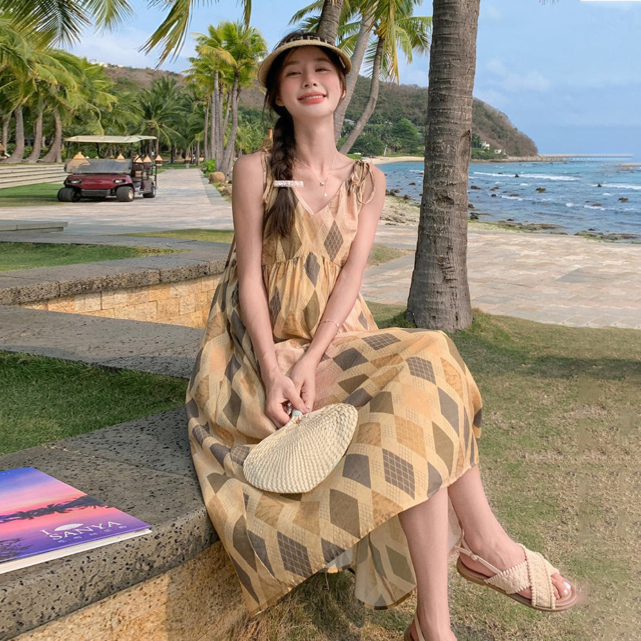 【ワンピース】夏  ビーチリゾート風  ダイヤモンドチェック ノースリーブキャミソールワンピース【SHシリーズ】