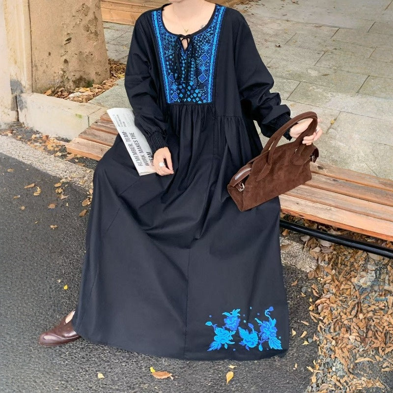 【ワンピース】春 秋 刺繍 ルーズ エレガント 花柄 長袖 ワンピース 【SHシリーズ】