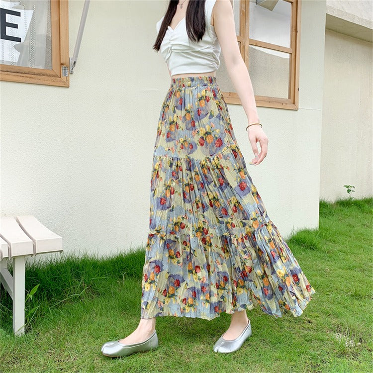 【ボトムス】上品 花柄プリーツスカート ロング丈 Aライン 体型カバー 夏 美シルエットで即細見え【SHシリーズ】