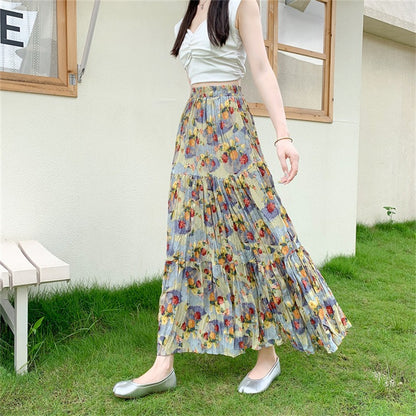 【ボトムス】上品 花柄プリーツスカート ロング丈 Aライン 体型カバー 夏 美シルエットで即細見え【SHシリーズ】