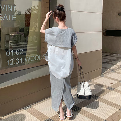 2点セット！【セットアップ】カジュアル 切り替え半袖スウェット＋スカート 上下セット レディース 夏 韓国風 ユニークで美しいコーデ【JZシリーズ】