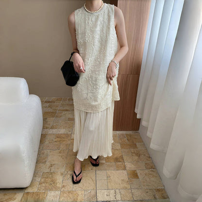 【ワンピース】夏 テンセル フェイクレイヤード ノースリーブ ワンピース【SNシリーズ】