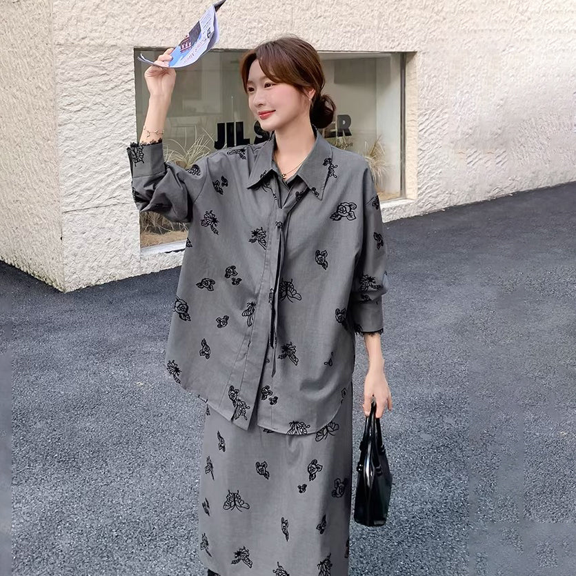 【セットアップ】春秋新作 グレー×フラワープリント シャツ×スカート 上下セット 韓国チック オールドマネー風【SHシリーズ】