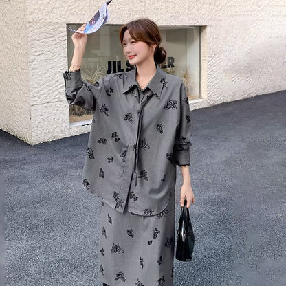 【セットアップ】春秋新作 グレー×フラワープリント シャツ×スカート 上下セット 韓国チック オールドマネー風【SHシリーズ】