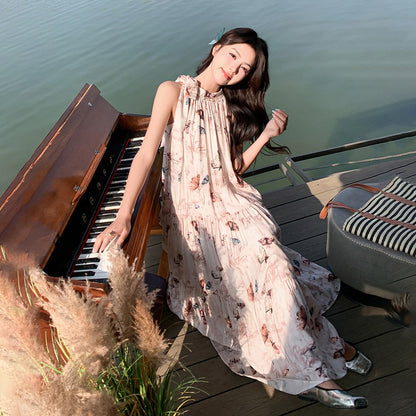 【ワンピース】夏 フレンチ温柔風 蝶柄 ノースリーブワンピース【SHシリーズ】