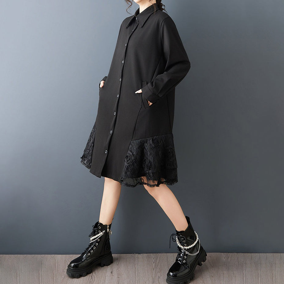 【ワンピース】春新作 デザイン感立体フラワー レース切り替え アシンメトリー 襟付き 長袖ワンピース 上品フェミニン 大人きれいめ【AHシリーズ】