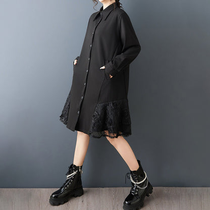 【ワンピース】春新作 デザイン感立体フラワー レース切り替え アシンメトリー 襟付き 長袖ワンピース 上品フェミニン 大人きれいめ【AHシリーズ】