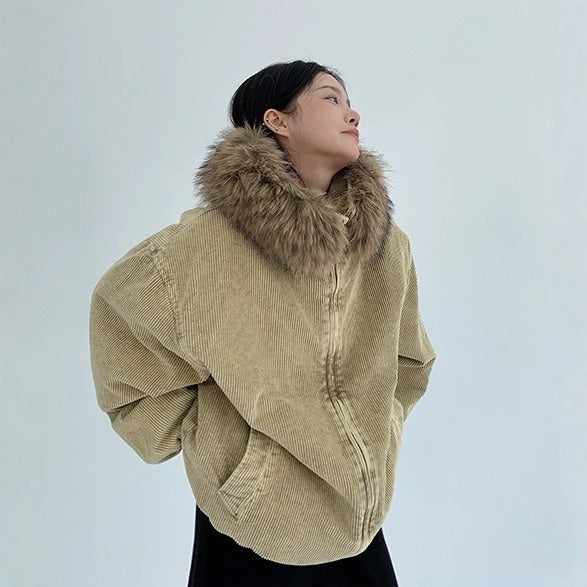 【アウター】春 秋 冬 ウォッシュド コーデュロイ 厚手 フード付き ファーフード 中綿 ジャケット 【FCシリーズ】