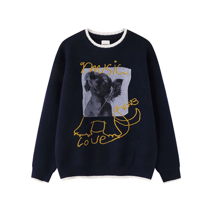 【トップス】レトロ デザイン 小犬柄 クルーネック ニット レディース ゆったり ルーズ 着回し セーター【FCシリーズ】