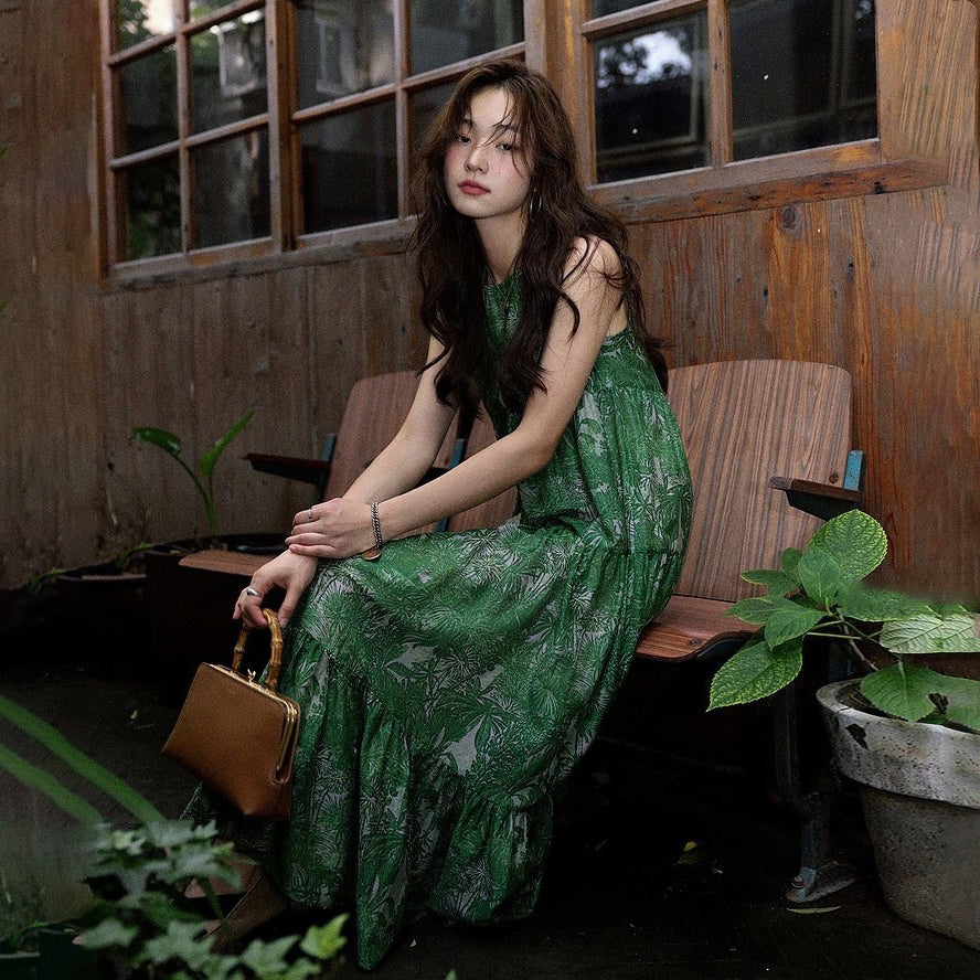 【ワンピース】リゾート風 夏新作 ゆったり細見えデザイン ヴィンテージフラワー ノースリーブワンピース【SHシリーズ】