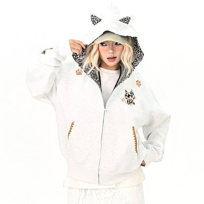 【アウター】レオパード柄 猫耳 フードジップアップ スウェット レディース ゆったりBF風 カジュアルジャケット【シリーズ】