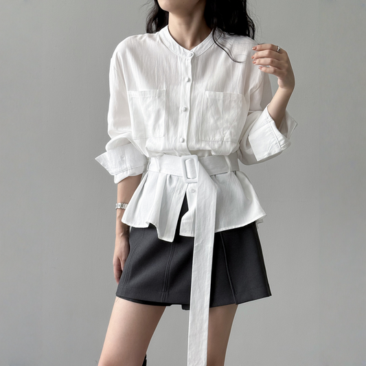 【トップス】春 秋 夏 冬 ラウンドネック フレンチ風 ベルト 長袖 シャツ 【JZシリーズ】