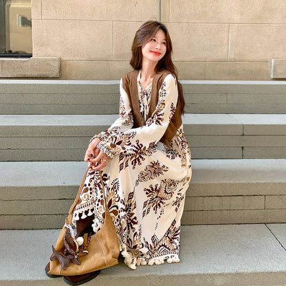 【セットアップ】ボヘミアン民族風ベスト＋花柄ワンピース レディース 春秋 個性的で華やか 絶美長袖ワンピース【SHシリーズ】