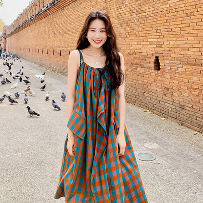 【ワンピース】バイカラー チェック柄 レイヤード風 ノースリーブワンピース レディース 夏 ゆったり 上品 トレンド感 ロングドレス【SHシリーズ】