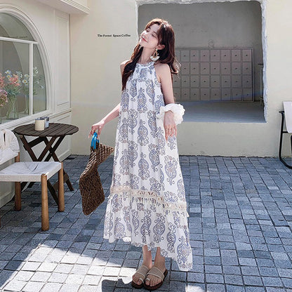 【ワンピース】高級感 青花瓷プリント 夏 刺繍 フリンジ ドレープ ノースリーブワンピース【SHシリーズ】