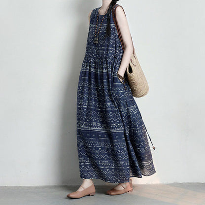 【ワンピース】レトロ 花柄 ノースリーブワンピース レディース 2026夏 ロングワンピース フレア ゆったり 体型カバー ボヘミアン風【SHシリーズ】