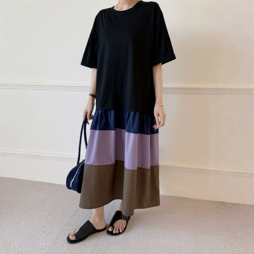 【ワンピース】ゆったり レイヤード風 膝下丈Tシャツ 半袖 ロングワンピース 【JZシリーズ】