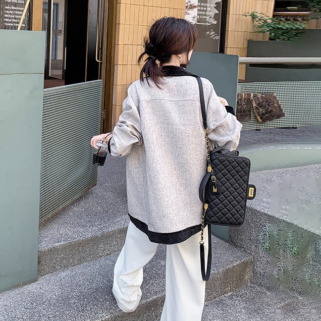 【アウター】レトロ 配色 切り替え カジュアル シャツジャケット レディース 春秋 ゆったり 【JZシリーズ】【SNシリーズ】