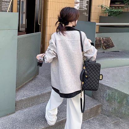 【アウター】レトロ 配色 切り替え カジュアル シャツジャケット レディース 春秋 ゆったり 【JZシリーズ】【SNシリーズ】