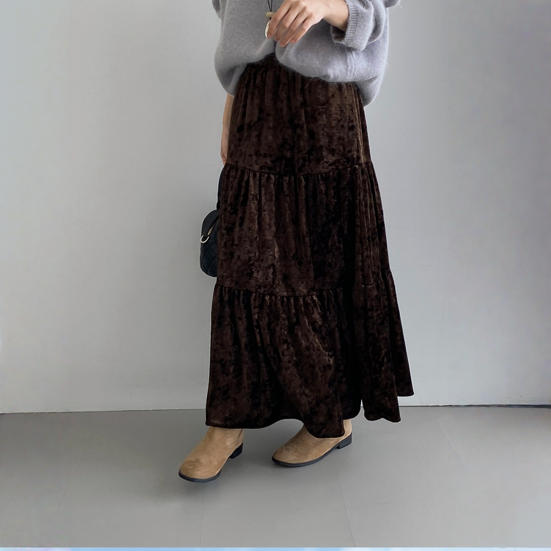 【ボトムス】春 秋 冬 ウエストゴム入り ベルベット素材 フレア スカート  【JZシリーズ】