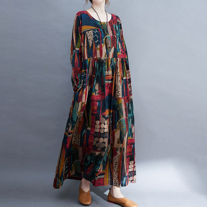 【ワンピース】花柄 大きいサイズ 文芸風 レトロ 長袖 プリント フレアワンピース ゆったり ロング丈 春秋新作【SHシリーズ】