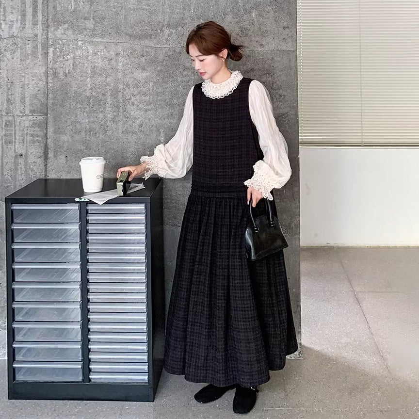 【セットアップ】ベストワンピース×レース切替シャツ セットアップ 韓国シック 上品【JZシリーズ】