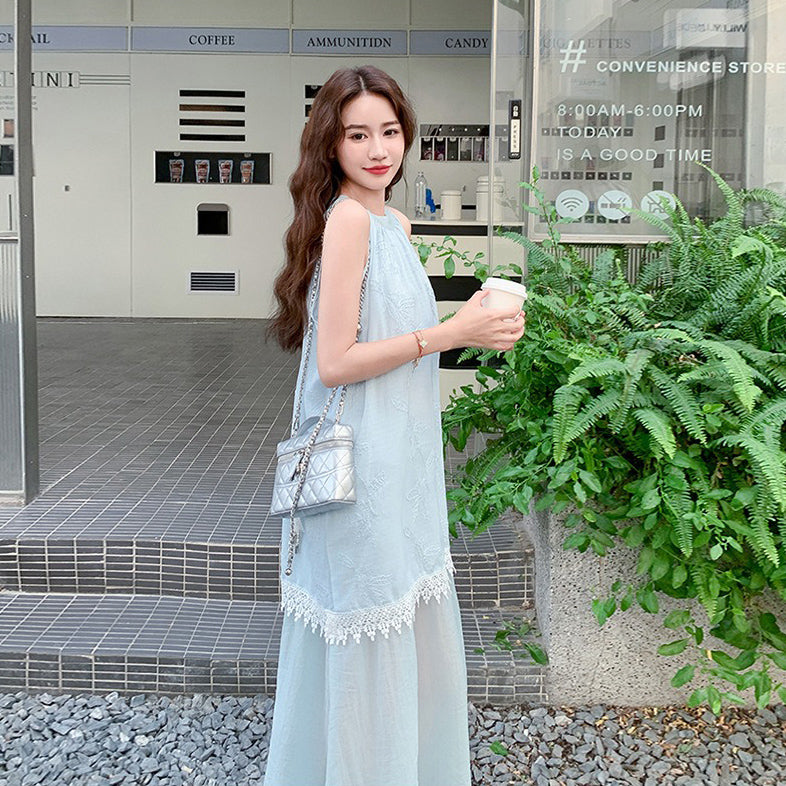 【ワンピース】フレンチ 気質美しい バカンス風 レースコンビネーション ノースリーブワンピース