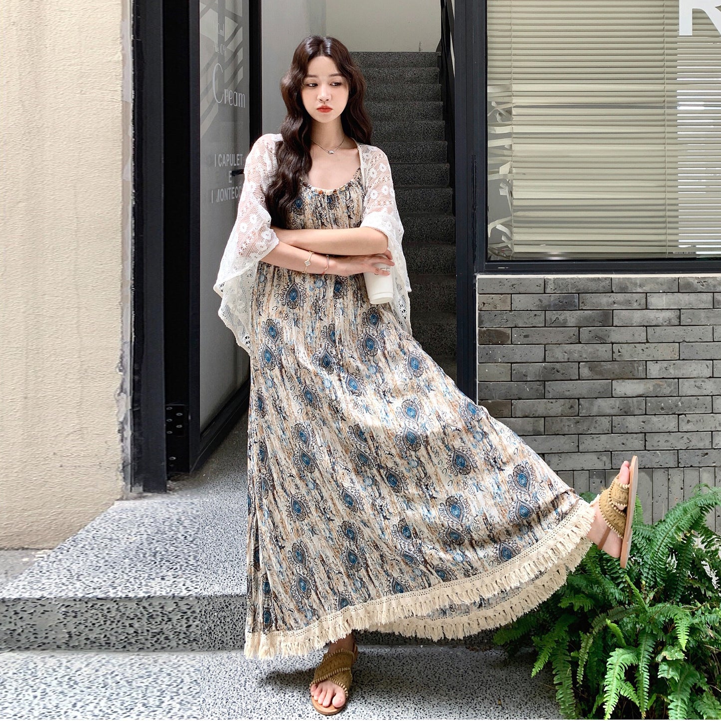 【ワンピース】レースショール付き！フレンチ風プリントノースリーブワンピース・夏のバカンスコーデ【SHシリーズ】