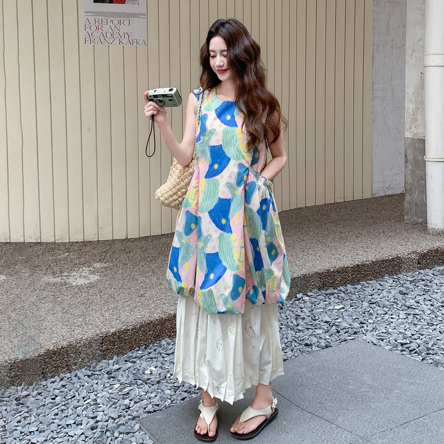 【ワンピース】カラフル配色 レイヤード風 キャミワンピース ノースリーブ レディース ロングドレス【SHシリーズ】