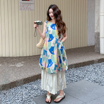 【ワンピース】カラフル配色 レイヤード風 キャミワンピース ノースリーブ レディース ロングドレス【SHシリーズ】