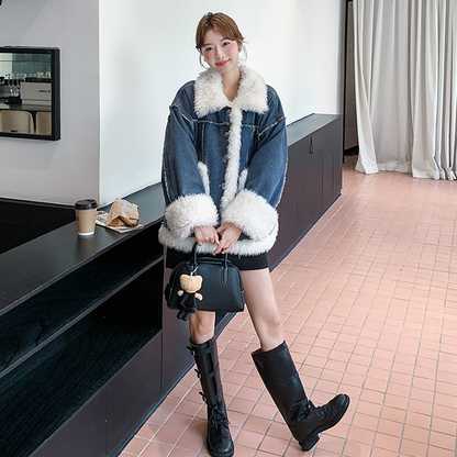 【アウター】ヴィンテージ風 ボア×ブルーデニムジャケット 2025冬 厚手 保温 中綿コート レディース おしゃれ【JZシリーズ】