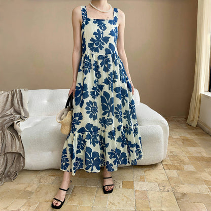 【ワンピース】夏 フレンチレトロ風 リネン プリント ノースリーブ ワンピース 【SHシリーズ】