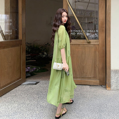 【ワンピース】森系 重工刺繍 パフスリーブ 夏 フレンチ風 半袖ワンピース【SHシリーズ】