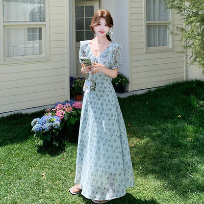 【ワンピース】花柄シフォン 半袖ワンピース｜Vネック 細見え叶う♡フレンチガーリーなAラインドレス【SHシリーズ】