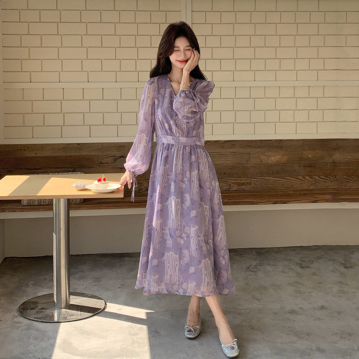 【ワンピース】フレンチ花柄ロングワンピース レディース 春秋 Vネック ハイウエスト フェミニン パープル【SHシリーズ】
