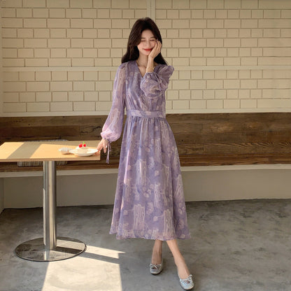 【ワンピース】フレンチ花柄ロングワンピース レディース 春秋 Vネック ハイウエスト フェミニン パープル【SHシリーズ】