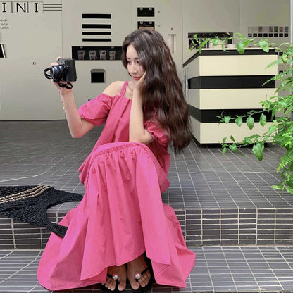 【ワンピース】おしゃれなリゾート風甘いゆったりオフショルダー半袖ワンピース